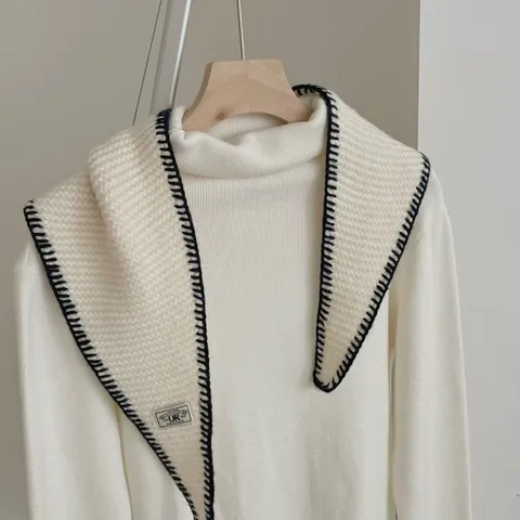 Knitted Contrast Edge Diamond Scarf Short Neck Warmer Fashion Winter Versatile Scarf Shawl For Women
