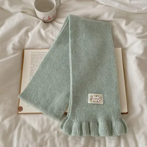 Women Winter Warm Knitted Scarf Casual Solid Color Ruffle Edge Scarf Fashion Versatile Neck Warmer Scarf Accessories