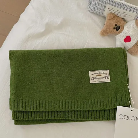 Women's Winter Warm Solid Color Wool Knitted Scarf Soft Thickened Long Scarf Korean Style With Woven Label