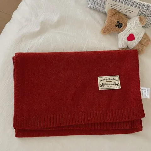 Women's Winter Warm Solid Color Wool Knitted Scarf Soft Thickened Long Scarf Korean Style With Woven Label