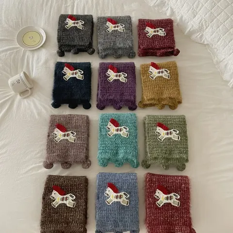 Women Winter Knitted Scarf Cute Pony Embroidery Pom Pom Fringe Casual Korean Style Soft Warm Neck Scarf Fashion Accessory