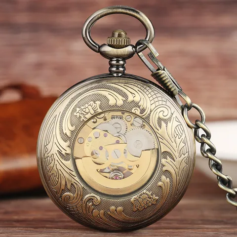 Vintage Hollow Carved Mechanical Pocket Watch Roman Numerals Antique Bronze Silver Black Zinc Alloy Watch With Chain