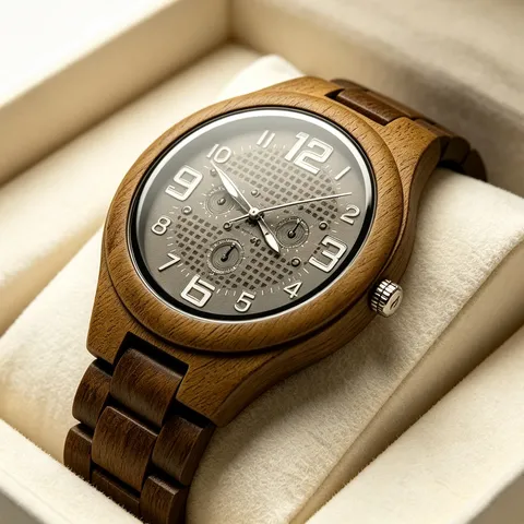 Wooden Men's Watch Casual Business Quartz Wristwatch With Grid Dial Natural Wood Strap Folding Clasp Fashion Gift