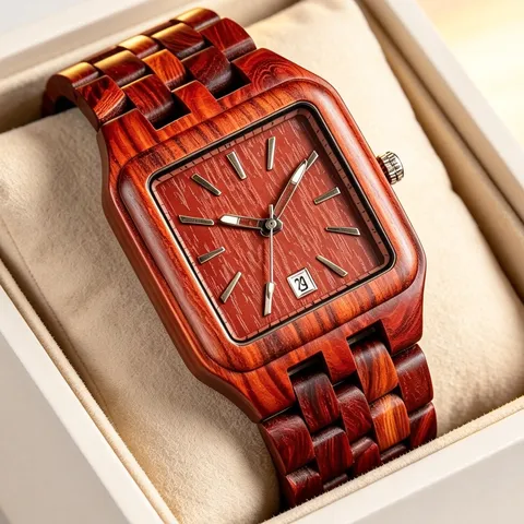 Men's Wooden Quartz Watch Casual Square Dial Sandalwood Wristwatch with Date Display and Stainless Steel Folding Clasp