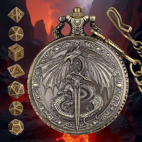 Pendentif Boîtier de Montre de Poche Dragon Épée Vintage DND Dés Bronze Argent Métal Sculpté Accessoire de Jeu Collier Charme Cadeau
