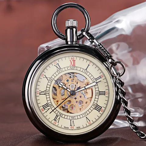 Vintage Mechanical Pocket Watch Retro Skeleton Roman Numeral Dial Bronze Black Men Women Pocket Watch With Chain