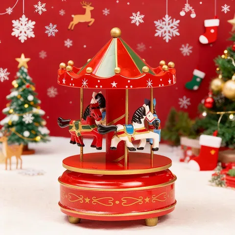Carillon Giostra di Natale in legno Scatola Musicale Girevole Decorazione Festiva per Tavolo Regali di Natale per Soggiorno
