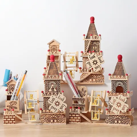 Wooden Puzzle House Music Box Pen Holder DIY Desktop Storage Organizer Classical Decorative Craft For Gifts