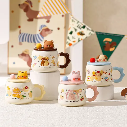 Tazza in Ceramica per Animali dei Cartoni Animati Creativi Con Coperchio Statuetta 3D Tazza da Caffè Carina Tazza da Bere per Studenti Regalo di Festival Stoviglie per la Casa