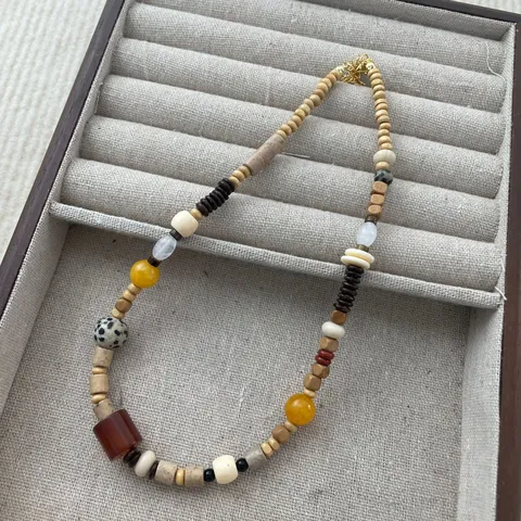 Designer Asymmetric Natural Jade Wood Bead Necklace Colorful Beaded Stone Necklace Boho Handmade Jewelry For Women