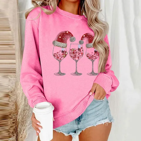 Christmas Printed Polyester Sweatshirt Casual Fleece Lined Crewneck Loose Top Apparel For Holiday Party Unisex