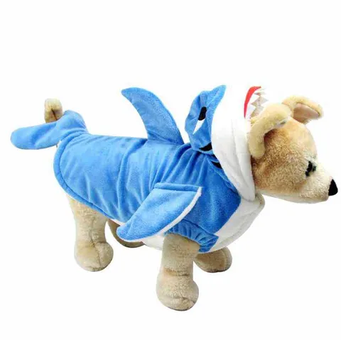 Funny Plush Pet Shark Costume Thick Padded Dog Hoodie Jacket With 3D Fin Tail Warm Cat Outfit For Halloween Party