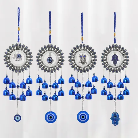 Campanello a Vento in Metallo Malocchio Ornamento Campana Sospesa Blu Protezione Decorazione Casa Porta Stanza Parete Regalo