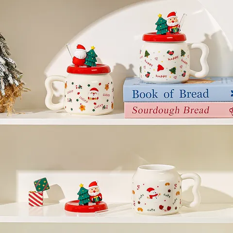 Creative Christmas Ceramic Mug With Lid And Straw Cute Holiday Coffee Cup Festive Water Cup Office Drinkware Holiday Gift