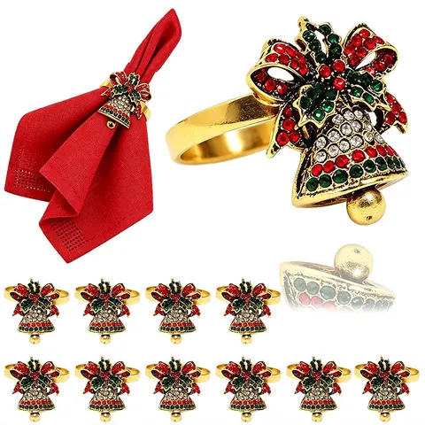 Christmas Bell Napkin Rings Antique Gold Metal Rhinestone Napkin Holders Table Decoration For Holiday Party Dinner