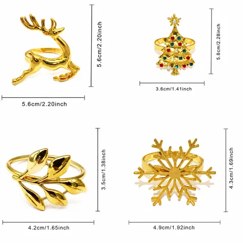 Christmas Napkin Rings Set Alloy Rhinestone Elk Christmas Tree Snowflake Napkin Holders Gold Festive Table Decor