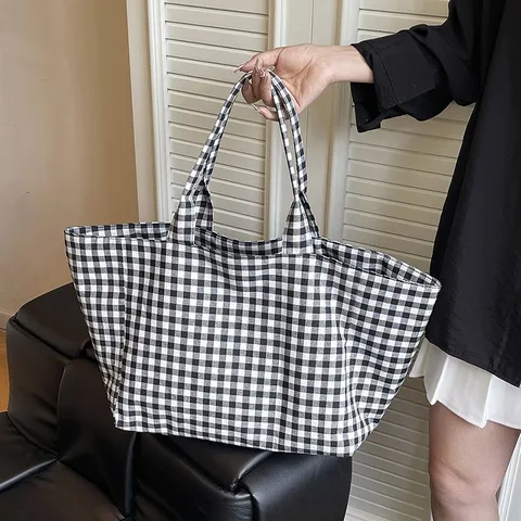 Japanese Style Checkered Canvas Tote Bag For Women Large Capacity Gingham Shoulder Bag Casual Commuter Shopping Handbag