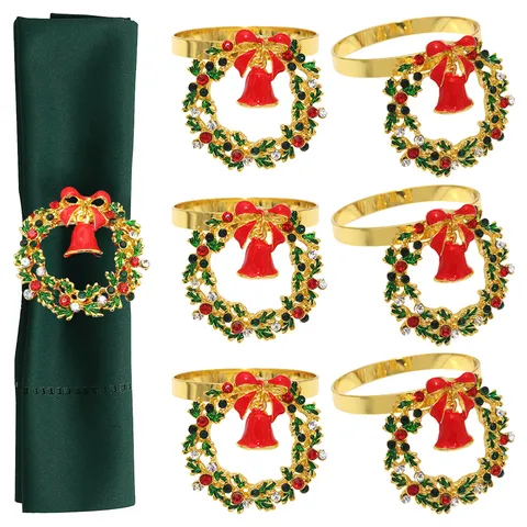 Christmas Wreath Napkin Ring Alloy Rhinestone Bell Napkin Buckle Holder Gold Table Decor For Hotel Party