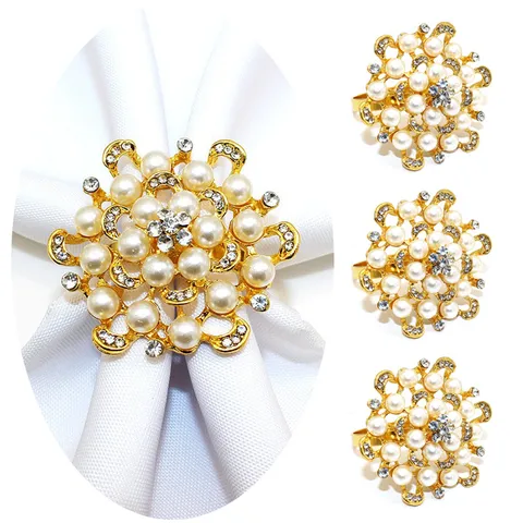 Lega Perla Artificiale Strass Portatovagliolo Metallo Fiore Porta Tovaglioli per Festa di Matrimonio Tavola Arredamento