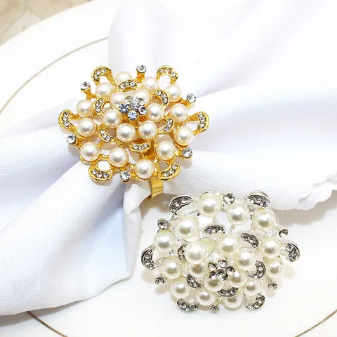Lega Perla Artificiale Strass Portatovagliolo Metallo Fiore Porta Tovaglioli per Festa di Matrimonio Tavola Arredamento