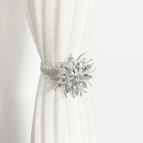 Crystal Flower Curtain Tieback Modern Luxury Silver Metal Rhinestone Decorative Curtain Holdback Window Drapery Accessories
