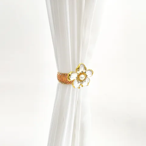 Fermacenda per Tendaggi in Metallo Dorato Argentato Mollette a Molla per Tende Con Fiore a Cinque Petali Bianco Strass Perla Decorazione per la Casa