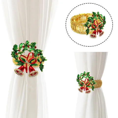 Christmas Curtain Tiebacks Metal Spring Holdbacks With Wreath Bell Rhinestone Red Bow Window Drapery Accessories
