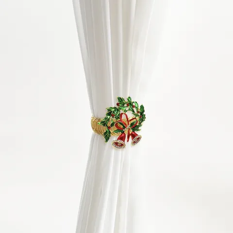 Christmas Curtain Tiebacks Metal Spring Holdbacks With Wreath Bell Rhinestone Red Bow Window Drapery Accessories