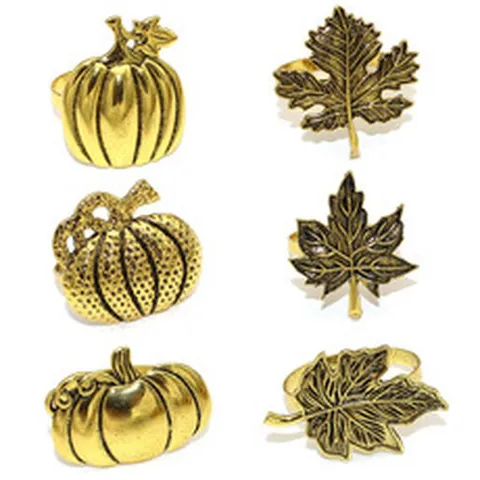 Thanksgiving Napkin Rings Set Antique Gold Alloy Maple Leaf And Pumpkin Napkin Holders For Fall Table Decor Party