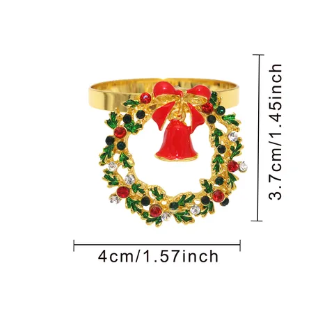 Christmas Wreath Napkin Ring Alloy Rhinestone Bell Napkin Buckle Holder Gold Table Decor For Hotel Party
