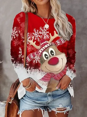 Camiseta de Manga Larga con Estampado de Navidad para Mujer Cuello Redondo Casual Top Grueso Camiseta Gráfica de Reno