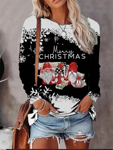 Camiseta de Manga Larga con Estampado de Navidad para Mujer Cuello Redondo Casual Top Grueso Camiseta Gráfica de Reno
