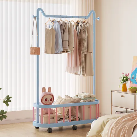 Dopamine Mobile Clothes Rack Floor Standing Bedroom Coat Rack Metal Garment Racks With Storage Basket And Wheels Home Living Room Furniture