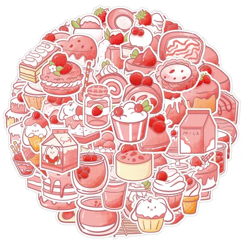 Kawaii Rosa Dessert Doodle Wasserdichte PVC Aufkleber Süße Abziehbilder Für Handyhülle Wasserflasche Gitarre Sammelalbum Set