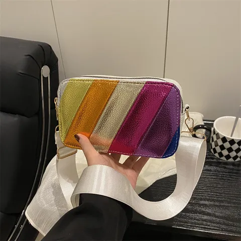 Fashion Rainbow Color-block Metallic PU Leather Camera Crossbody Bag With Wide Shoulder Strap Women Small Square Shoulder Bag