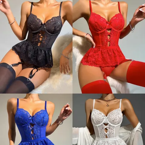 Lingerie Sexy da Donna con Volant in Pizzo Body Trasparente Jacquard con Taglio Intimo Hollow Out Top And Bottom Pigiama