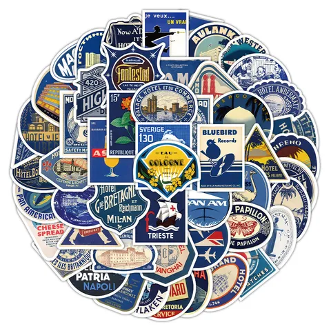 Vintage Blaue Wasserdichte PVC Aufkleber Abziehbilder Für Laptop Handy Wasserflasche Gepäck Scrapbook Ästhetische Retro Reise Sticker Pack