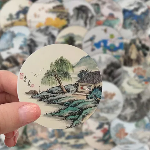 Chinesische Traditionelle Landschaftsmalerei Wasserdichte Aufkleber Szenische Kunst Abziehbilder Für Laptop Handy Wasserflasche