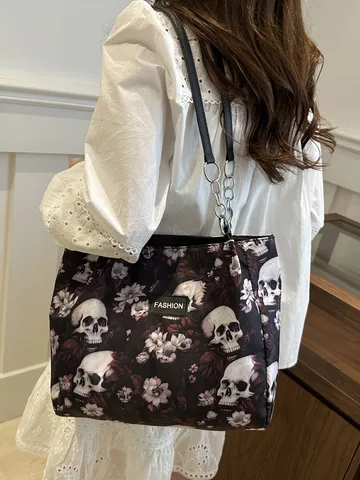 Gothic Polyester Tote Bag For Women Vintage Skull Floral Print Large Capacity Shoulder Bag With Metal Chain Strap Everyday Bag