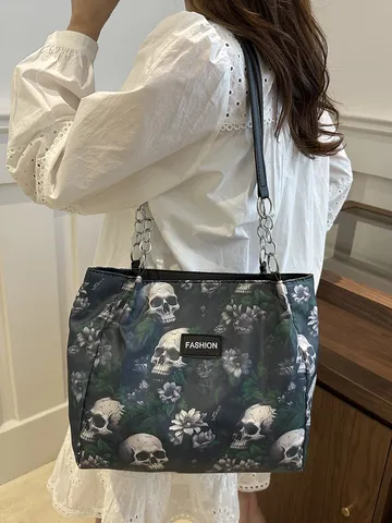 Gothic Polyester Tote Bag For Women Vintage Skull Floral Print Large Capacity Shoulder Bag With Metal Chain Strap Everyday Bag