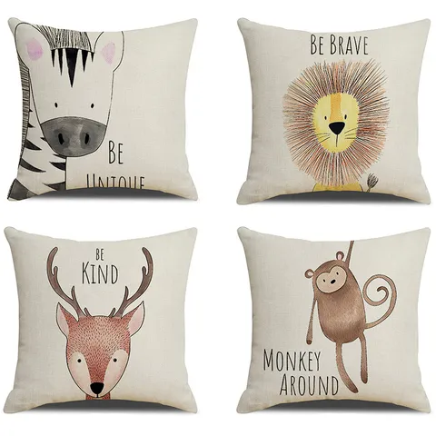 Modern Minimalist Linen Printed Pillowcase Cute Cartoon Animal Decorative Sofa Pillow Cover Square Cushion Cover