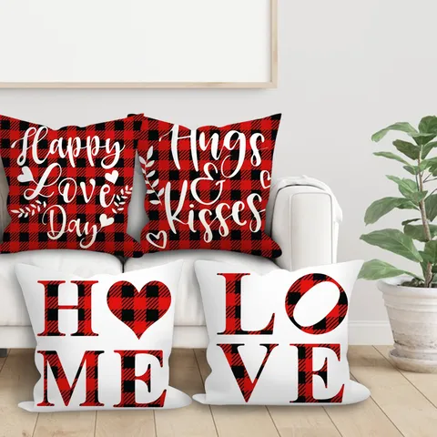 Nordic Valentine Cushion Cover Red Plaid Peach Skin Velvet Pillowcase Letter Decorative Throw Pillow Case For Sofa