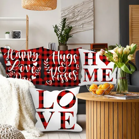 Nordic Valentine Cushion Cover Red Plaid Peach Skin Velvet Pillowcase Letter Decorative Throw Pillow Case For Sofa