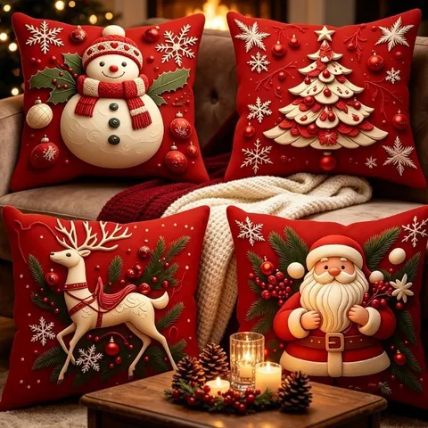 Christmas Throw Pillow Cover Peach Skin Velvet 3D Embossed Festive Cushion Cover For Home Living Room Sofa Decor