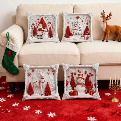 Christmas Decorative Pillow Cover Soft Polyester Printed Elk Snowman Cushion Cover For Sofa Home Holiday Party Decor