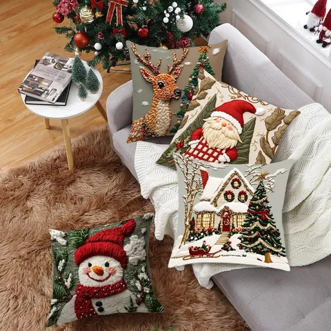 Christmas Pillow Cover Linen Festive Decorative Cushion Cover Snowman Elk Santa Square Pillowcase For Home Sofa Decor