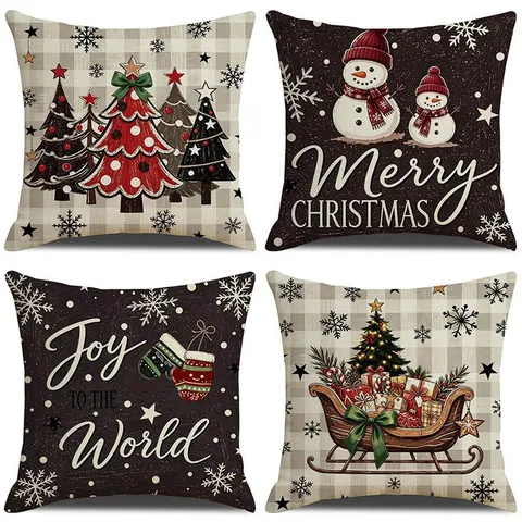 Retro Plaid Christmas Pillow Cover Snowman Christmas Tree Throw Pillow Case Polyester Decorative Cushion Cover For Home Sofa