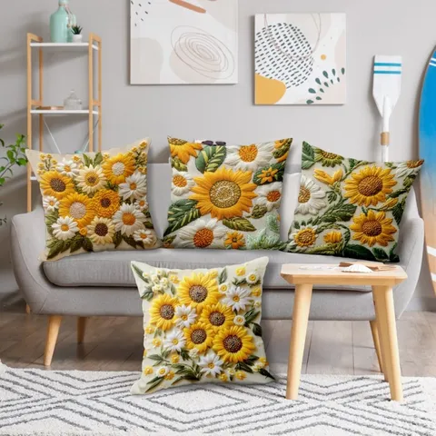 Retro Sunflower Cushion Cover Decorative Square Pillow Case Botanical Floral Throw Pillow For Home Living Room