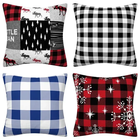 Christmas Plaid Stripes Pillow Cover European Style Decorative Cushion Cover Short Plush Sofa Pillow Case Home Decor