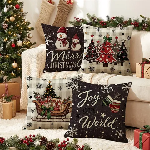 Retro Plaid Christmas Pillow Cover Snowman Christmas Tree Throw Pillow Case Polyester Decorative Cushion Cover For Home Sofa